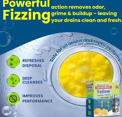 Lemon Blast Garbage Disposal Cleaner & Deodorizer (24 Pack) - Foaming Sink Drain Tablets